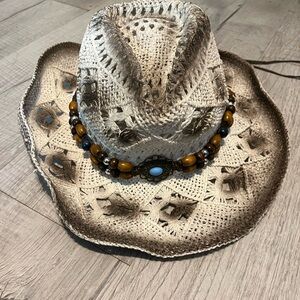 Beige Crochet Cowboy Hat with Beaded Band